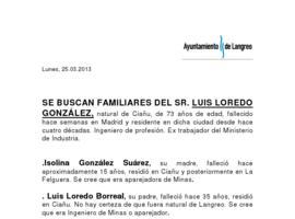 Se buscan familiares de LUIS LOREDO GONZÁLEZ