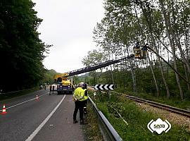 Bomberos retira un árbol caído sonre la catenaria de FEVE en Piloña