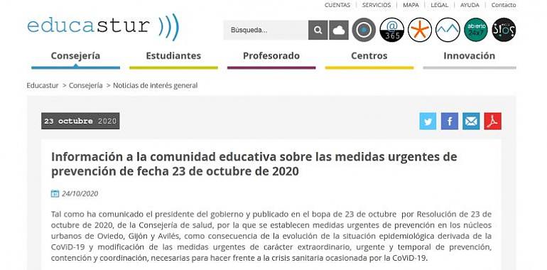 Instrucciones a los centros asturianos para adaptarse a las últimas medidas urgentes
