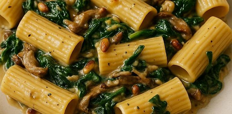 Recetas de una abuela asturiana: Rigatoni con salsa de Cabrales, espinacas y setes (que faen que se vos caigan les llágrimes de gustu)