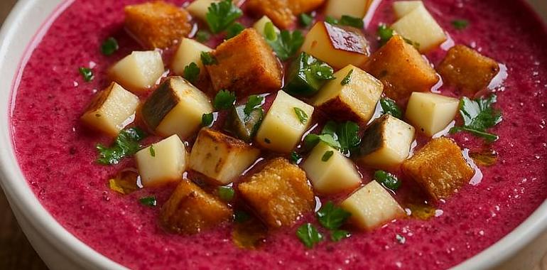 Recetas de una abuela asturiana: Gazpachu de remolacha con cuesu afumáu de Pría y manzana reineta (ye como un respiru dende el interior del hórreo)