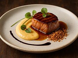 Recetas de una abuela asturiana: Lomo de gochu asturiano al “glaseáu de sidra brut nature” con cremosu de quesu Afuega’l Pitu roxu y crujiente de castaña del Narcea