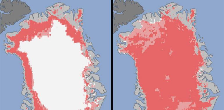 Groenlandia sufre un deshielo sin precedentes, con casi el 97% de la capa superficial