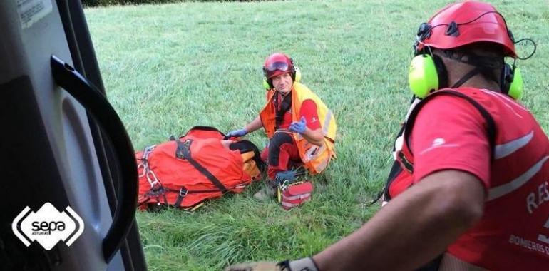 Herido tras caer tes metros mientras desbrozaba en una finca de Caso