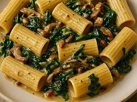 Recetas de una abuela asturiana: Rigatoni con salsa de Cabrales, espinacas y setes (que faen que se vos caigan les llágrimes de gustu)