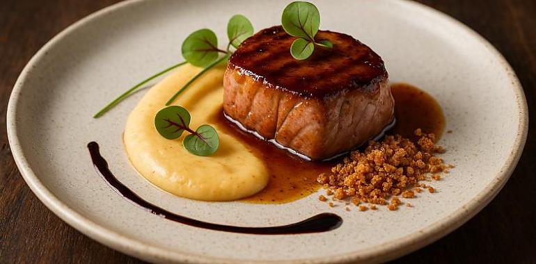 Recetas de una abuela asturiana: Lomo de gochu asturiano al “glaseáu de sidra brut nature” con cremosu de quesu Afuega’l Pitu roxu y crujiente de castaña del Narcea