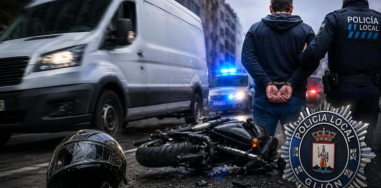 Detenido tras sembrar el pánico en Gijón: roba una furgoneta, embiste a un motorista y huye dejando una escena dramática