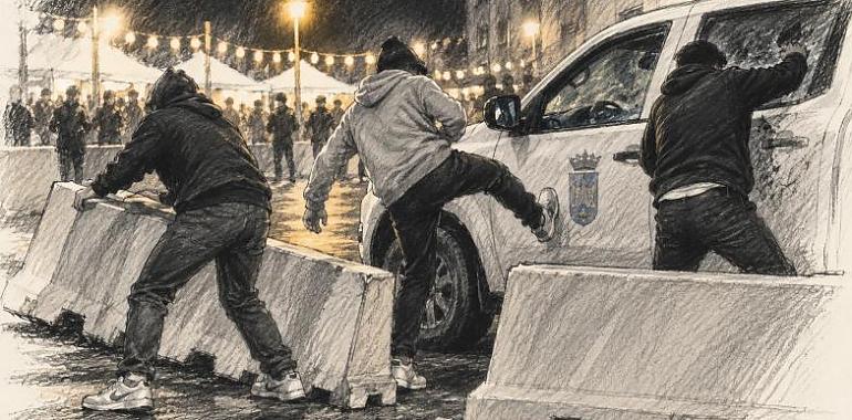 Expulsados del desfile de San Timoteo, acabaron atacando a patadas un coche municipal y destrozando las barreras de seguridad