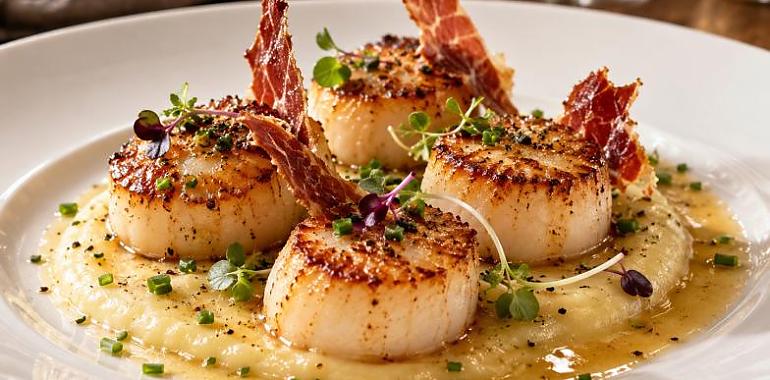 Recetas de una abuela asturiana: Vieiras caramelizadas a la mantequilla avellanada sobre parmentier de manzana reineta, beurre blanc de sidra natural y cristal crujiente de jamón ibérico