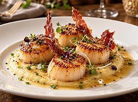Recetas de una abuela asturiana: Vieiras caramelizadas a la mantequilla avellanada sobre parmentier de manzana reineta, beurre blanc de sidra natural y cristal crujiente de jamón ibérico